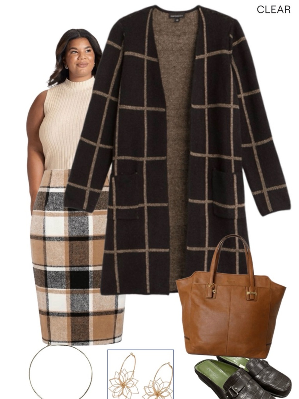 Fortune + Ivy Long Cardigan Black Tan Windowpane Open Front Duster | Size XL - Picture 6 of 6